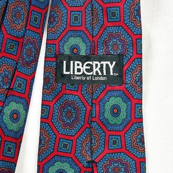 Vtg Liberty of London Geometric Medallion Floral 100% Silk Tie Red Blue Green - Picture 2 of 2